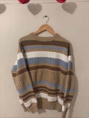 Aelfric Eden Striped Crewneck Sweater - Tan, Brown, Light Blue & White